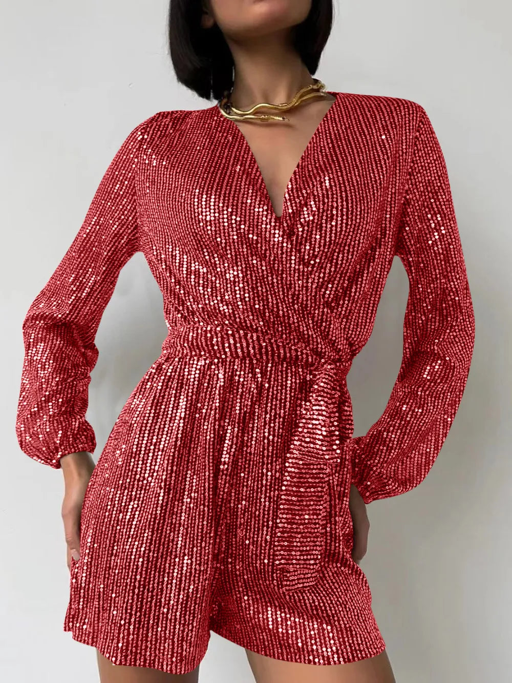 Full Size Sequin Surplice Tie Waist Long Sleeve Romper by Trendsi