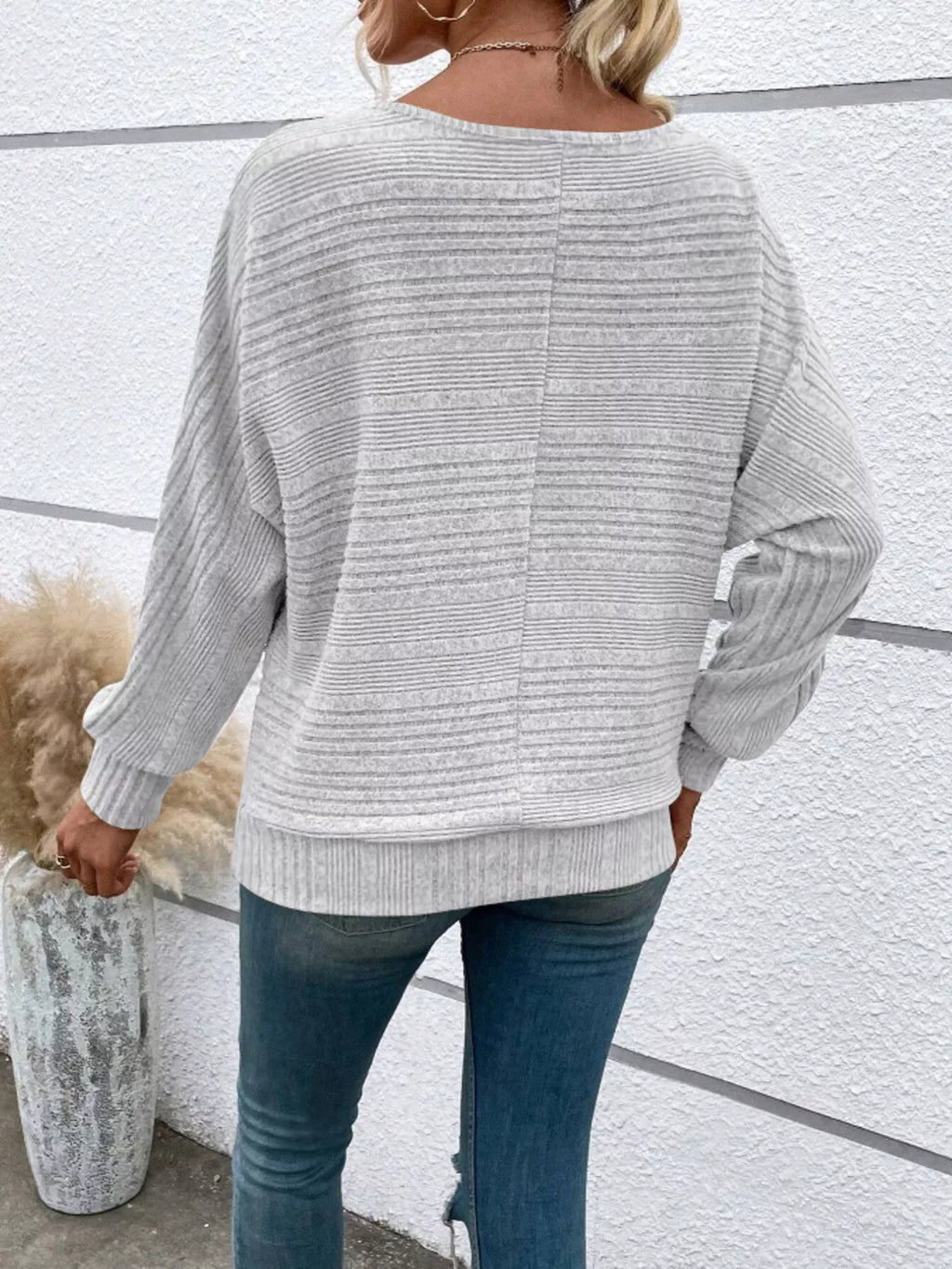 Ribbed Round Neck Long Sleeve Top by Trendsi