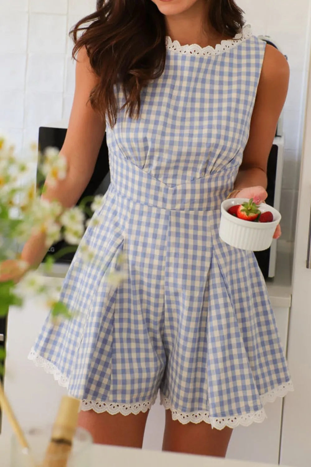 Lace Detail Plaid Sleeveless Romper by Trendsi
