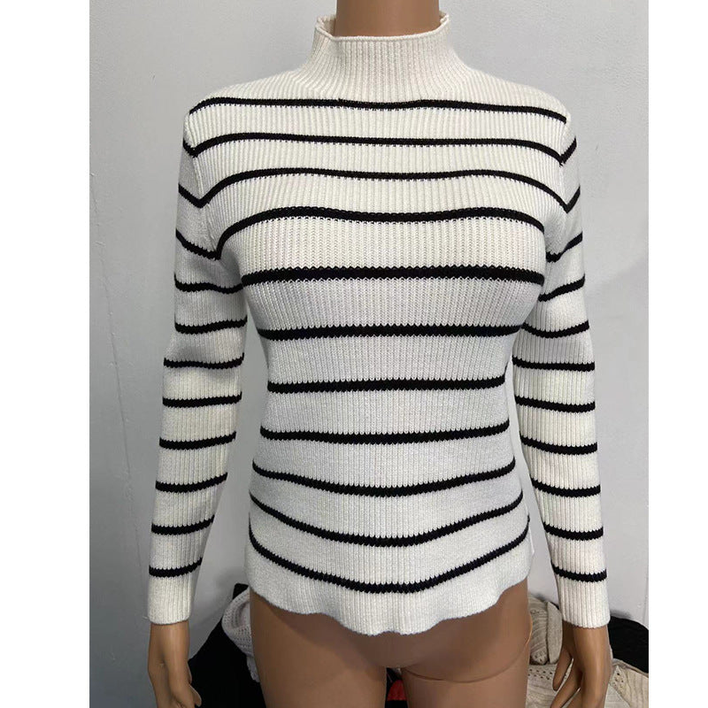 Fashion Long Sleeve Sunken Stripe Turtleneck Casual Slim Striped Sweater by DC-THE CEO