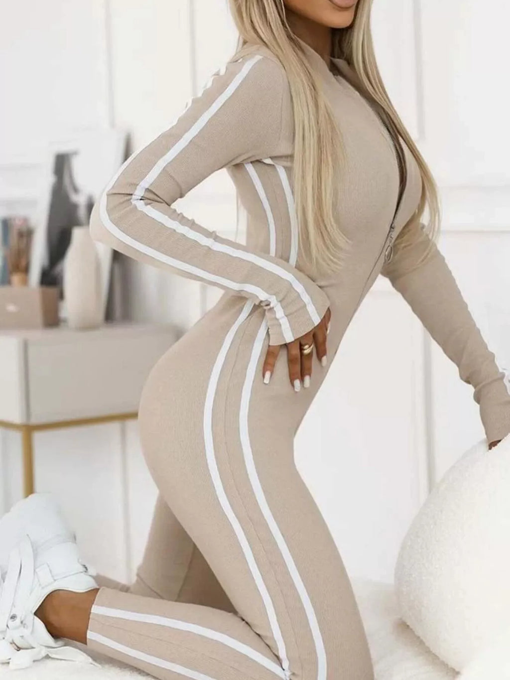 Full Size Stripe Zip-Front Long Sleeve Jumpsuit Plus Size by Trendsi