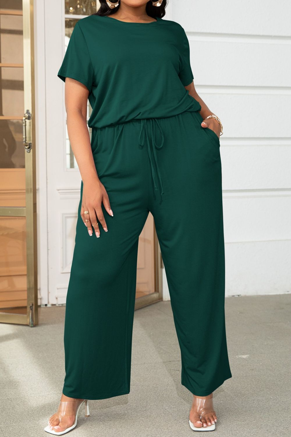 Plus Size Drawstring Waist Short Sleeve Jumpsuit by Trendsi