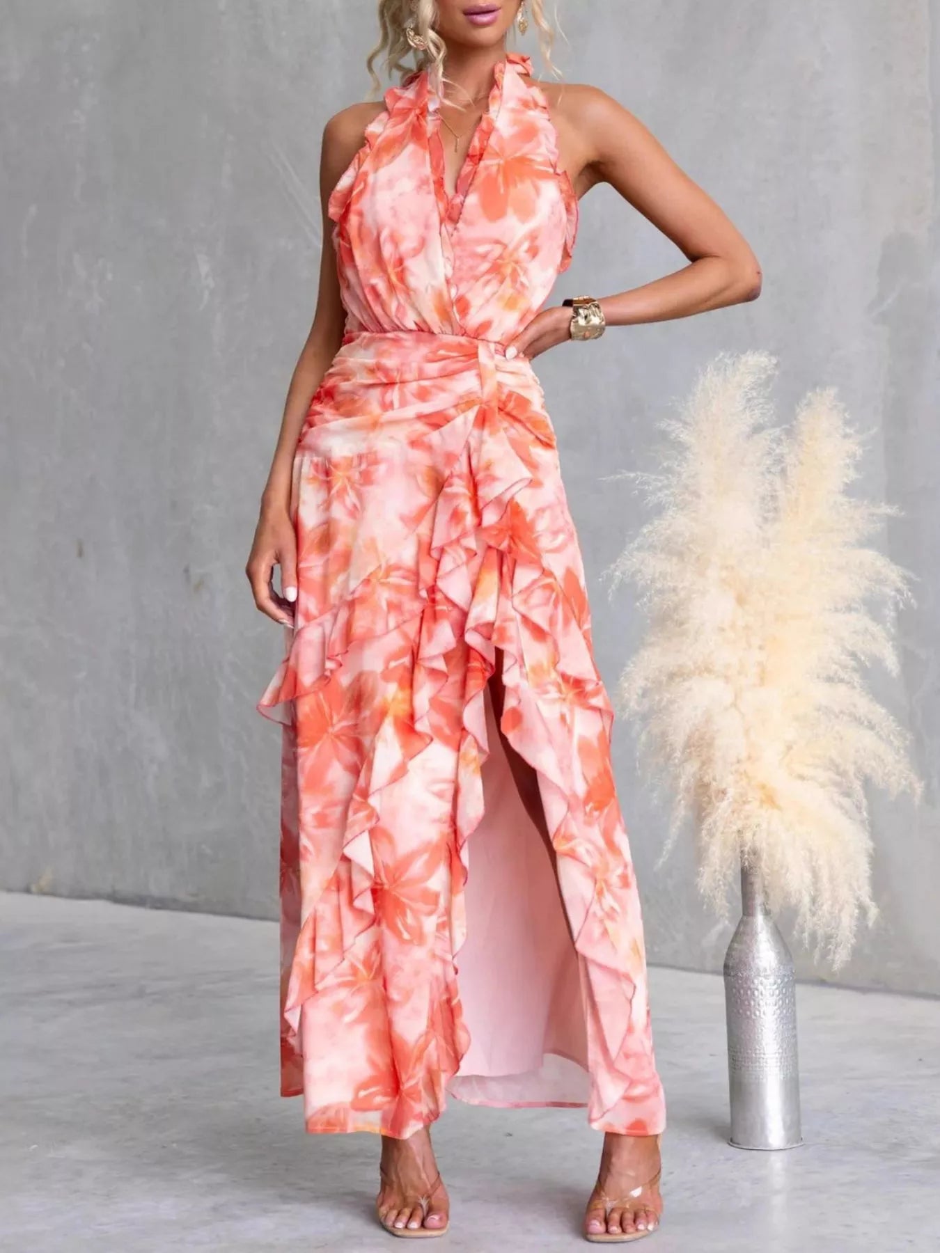 Floral Print Ruffle Halter Neck Maxi Dress by Trendsi