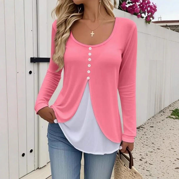 Casual Contrast Color Women's Two-piece Long-sleeved T-shirt by DC-THE CEO