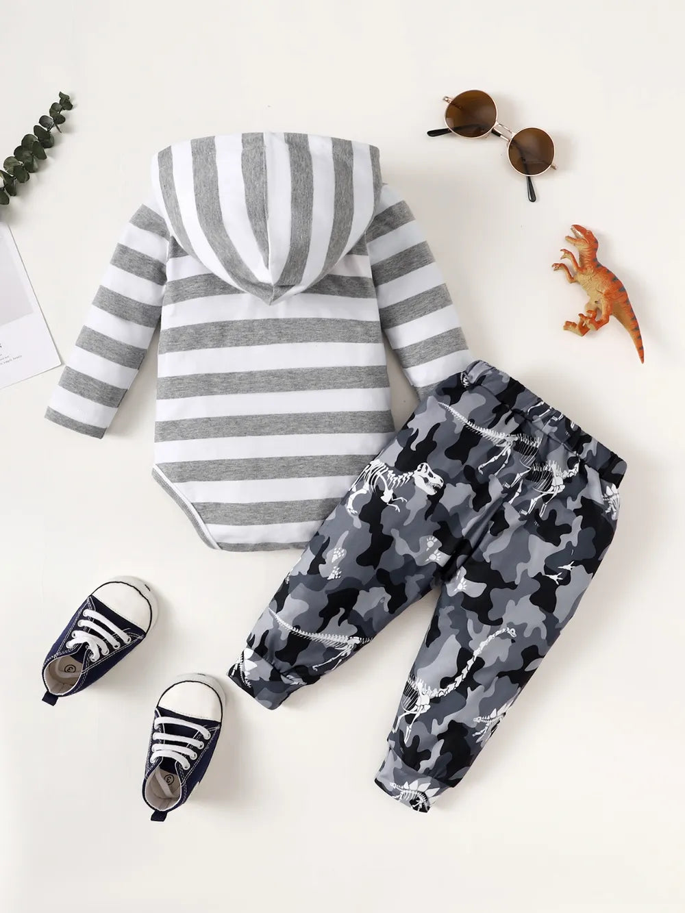 Children's Striped Hooded Bodysuit and Camouflage Pants Set by Trendsi