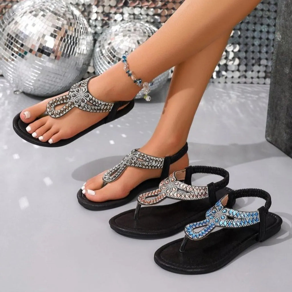 Rhinestone Toe Post Flats Sandals by Trendsi