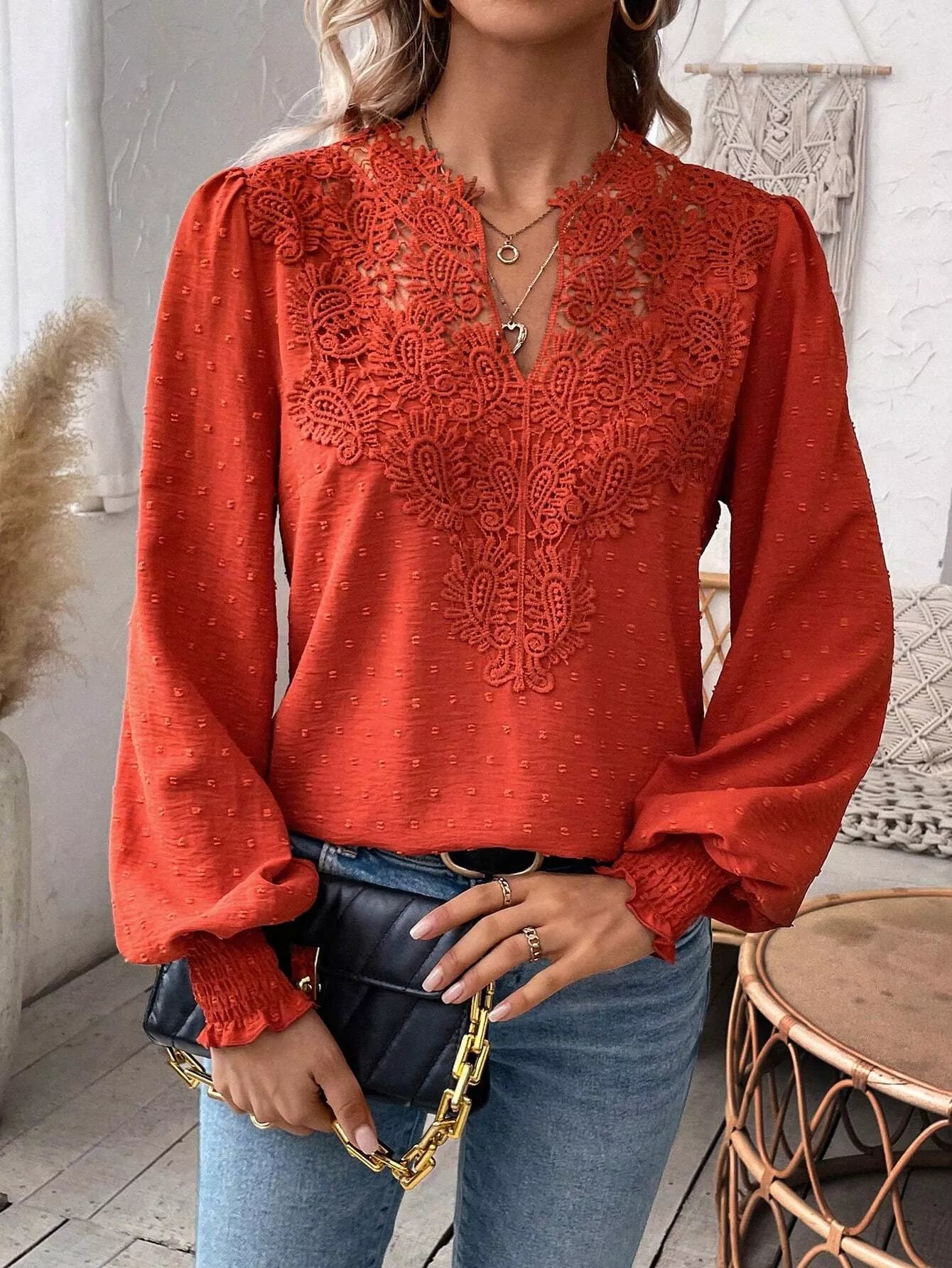Swiss Dot Lace Detail Long Sleeve Blouse by Trendsi