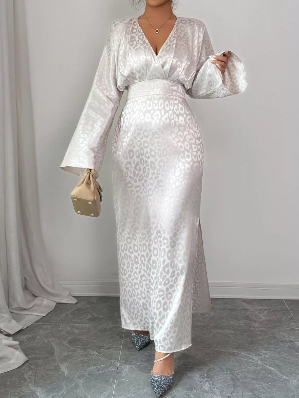 Leopard Surplice Long Sleeve Maxi Dress by Trendsi