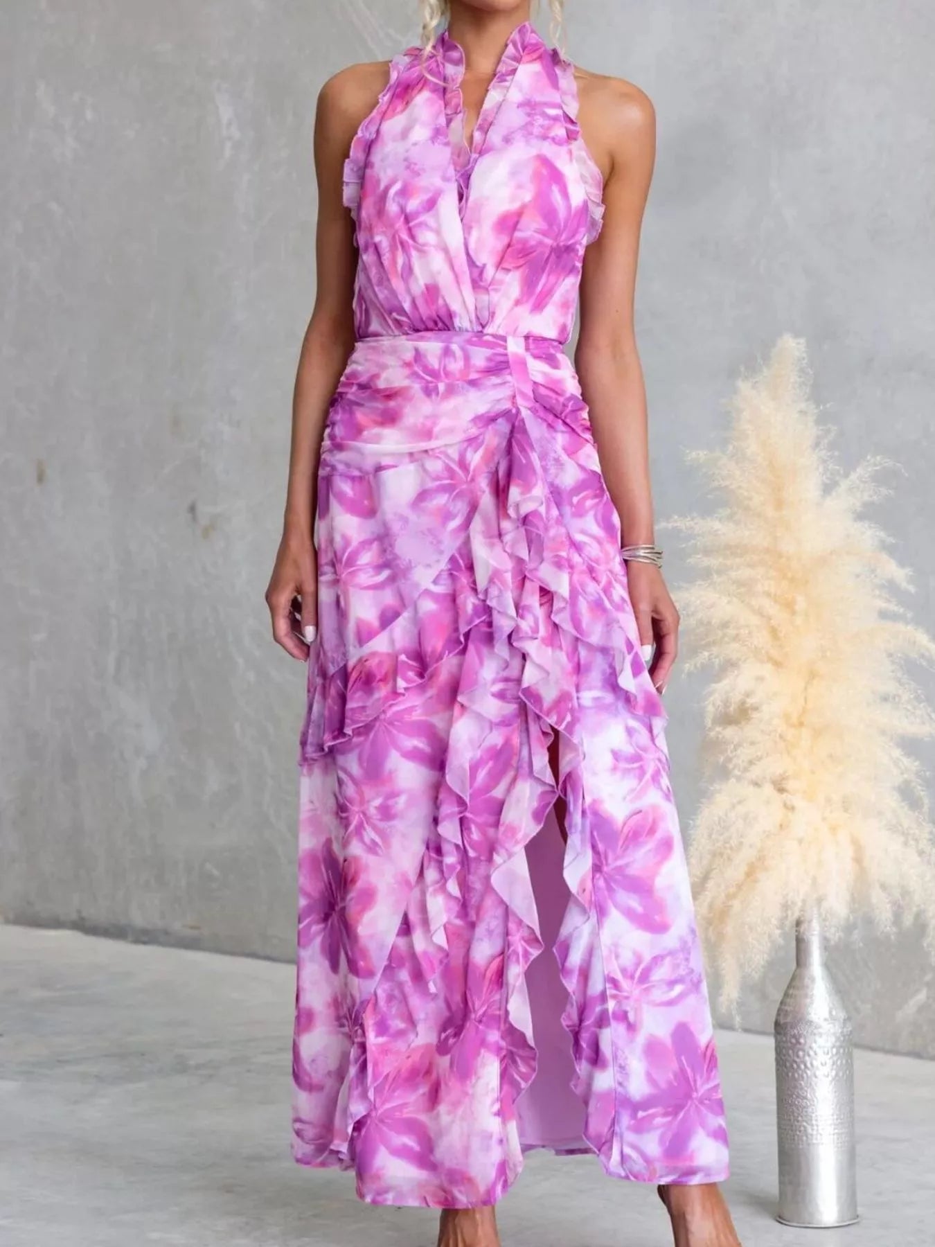 Floral Print Ruffle Halter Neck Maxi Dress by Trendsi