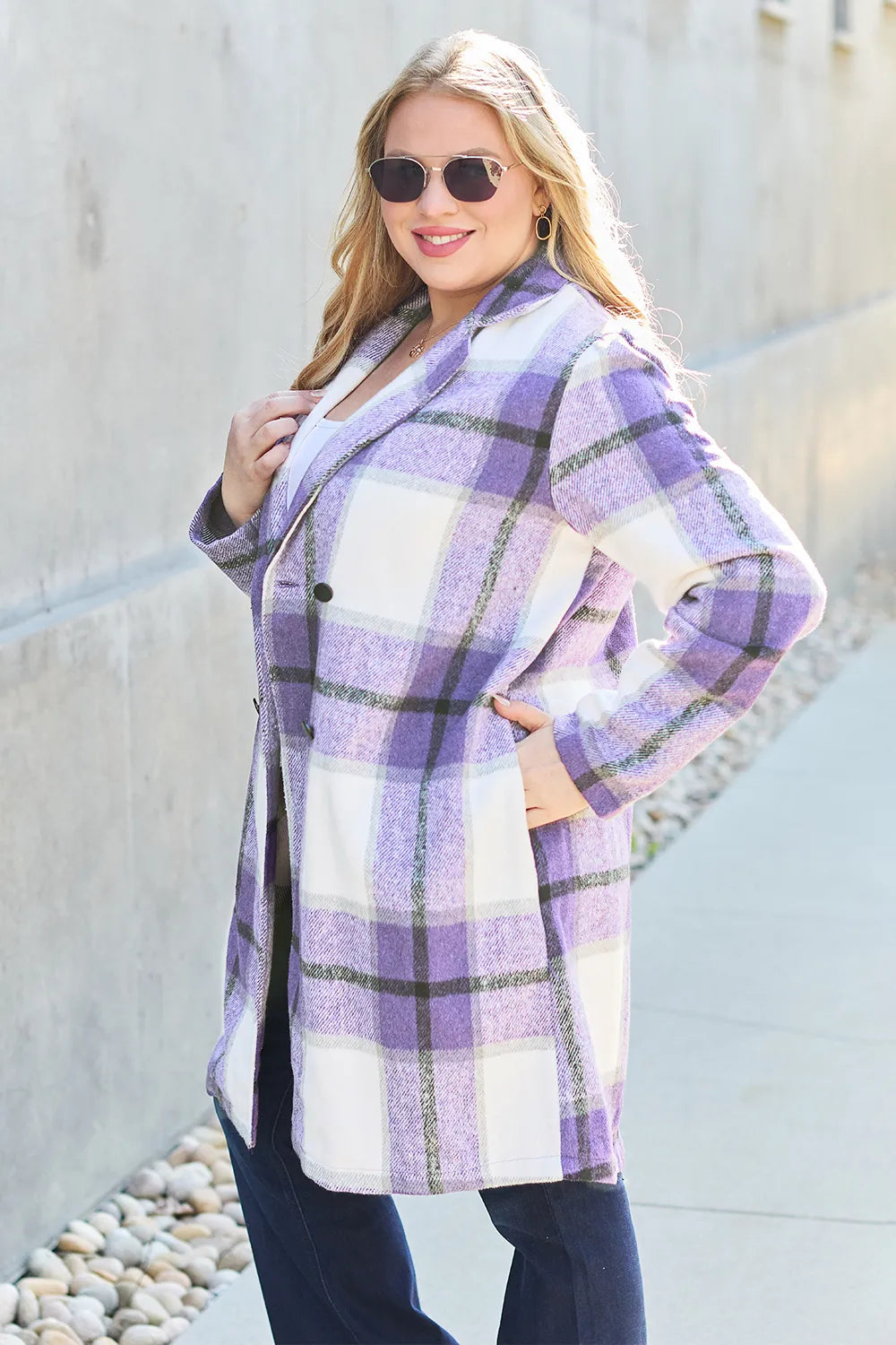 Double Take Full Size Plaid Button Up Lapel Collar Coat by Trendsi