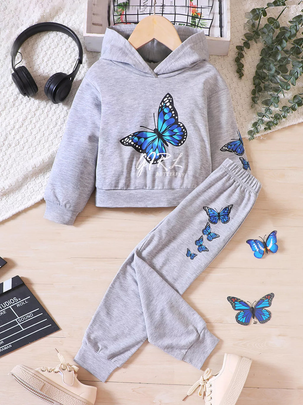 Childrens's Butterfly Print Hoodie & Pants Set by Trendsi