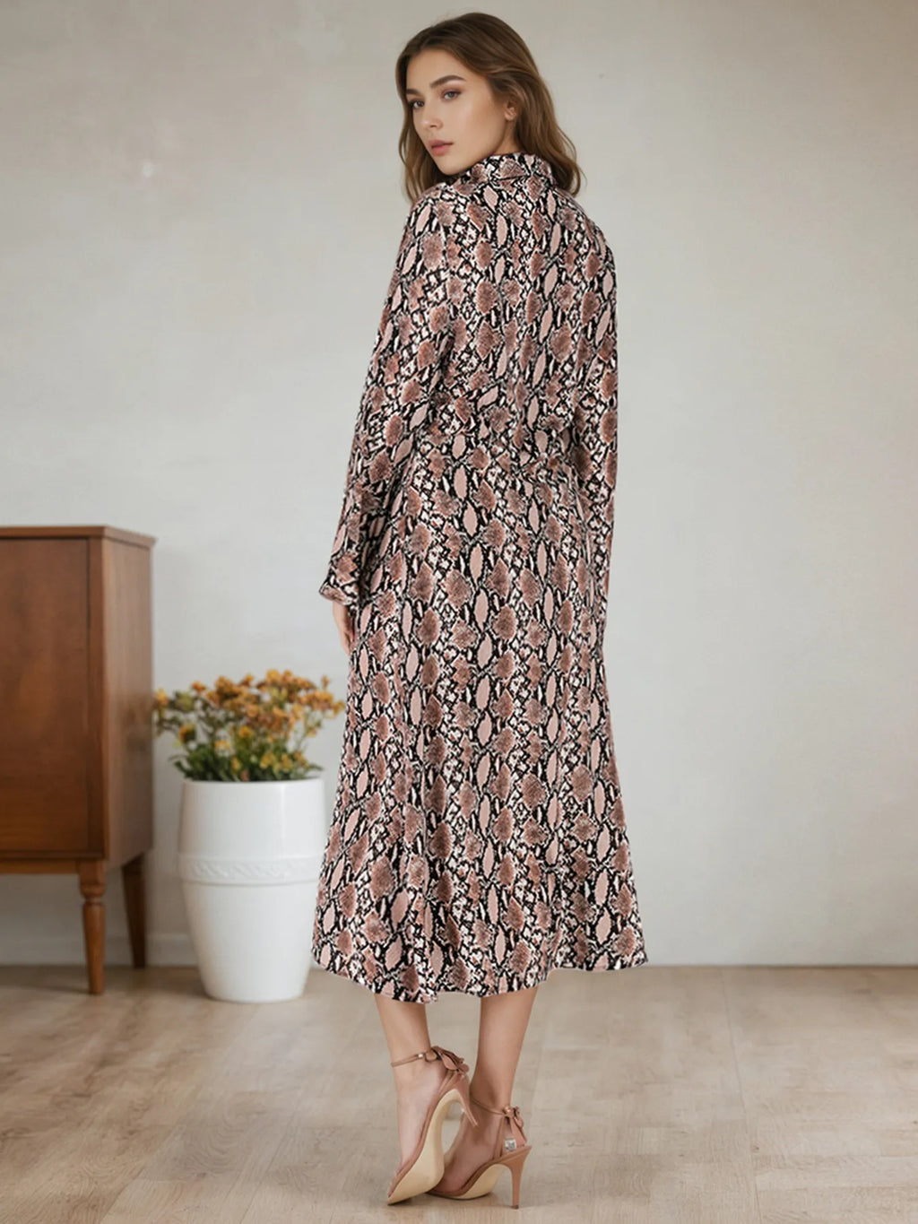 Snake Print Long Sleeve Shirt Dress by Trendsi