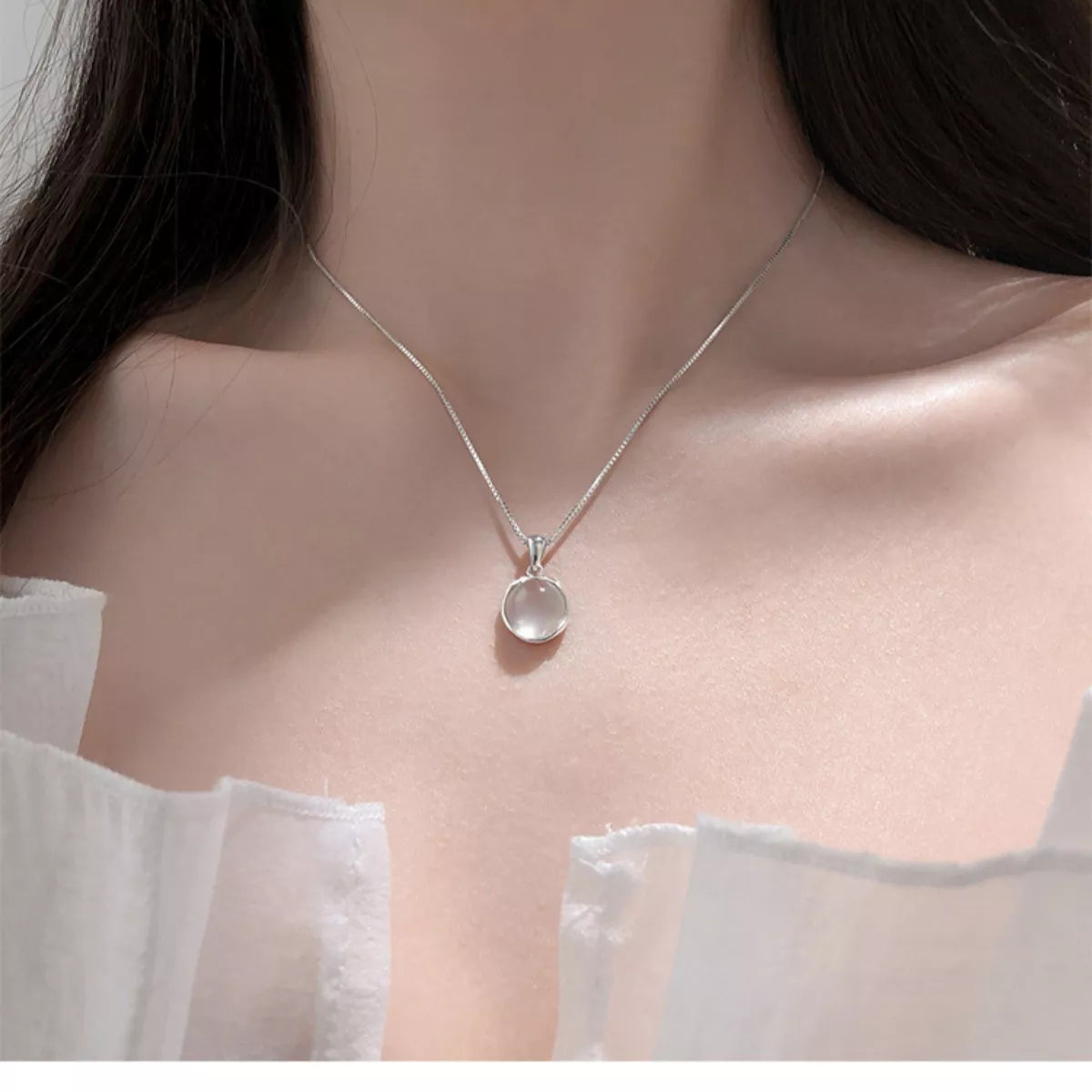 925 Sterling Silver Cat's Eye Stone Pendant Necklace by Trendsi