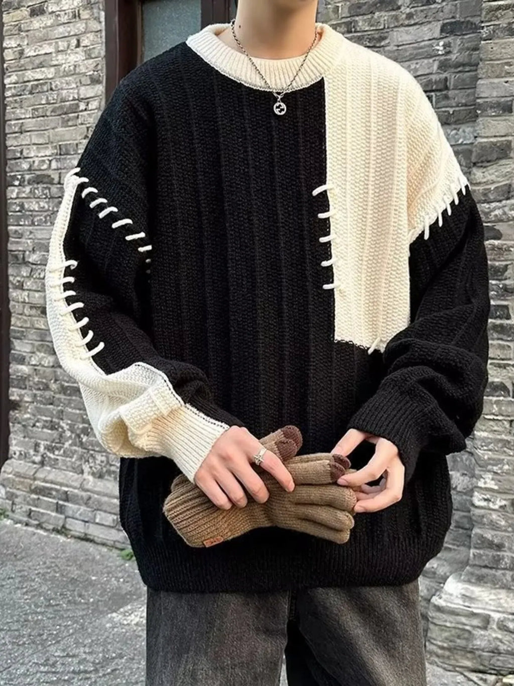Men's Color Block Round Neck Knitted Pullover by Trendsi