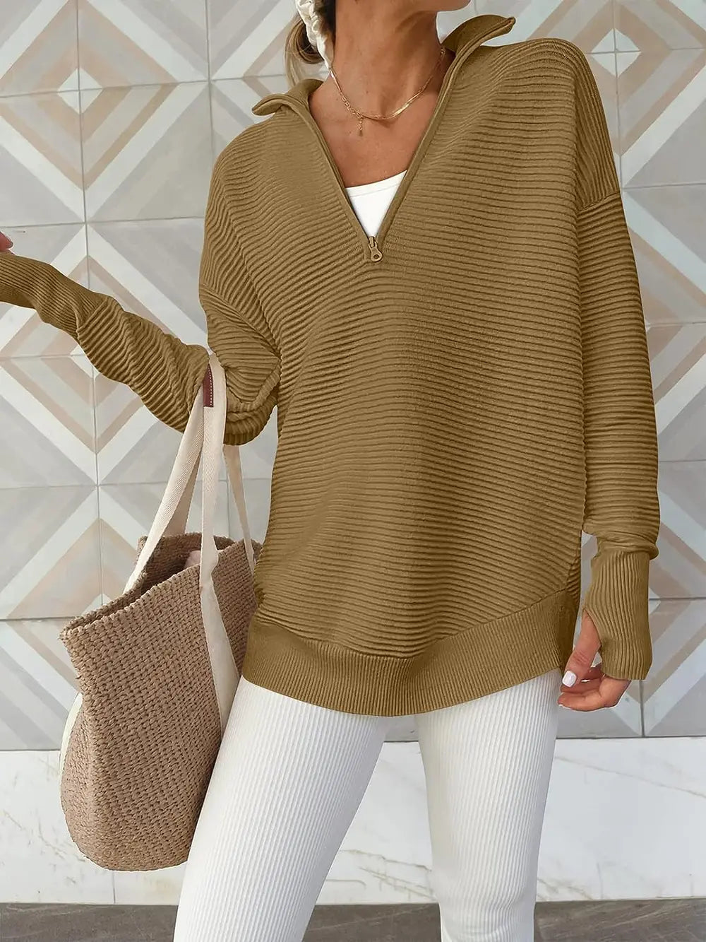 Half Zip Long Sleeve Knit Top by Trendsi