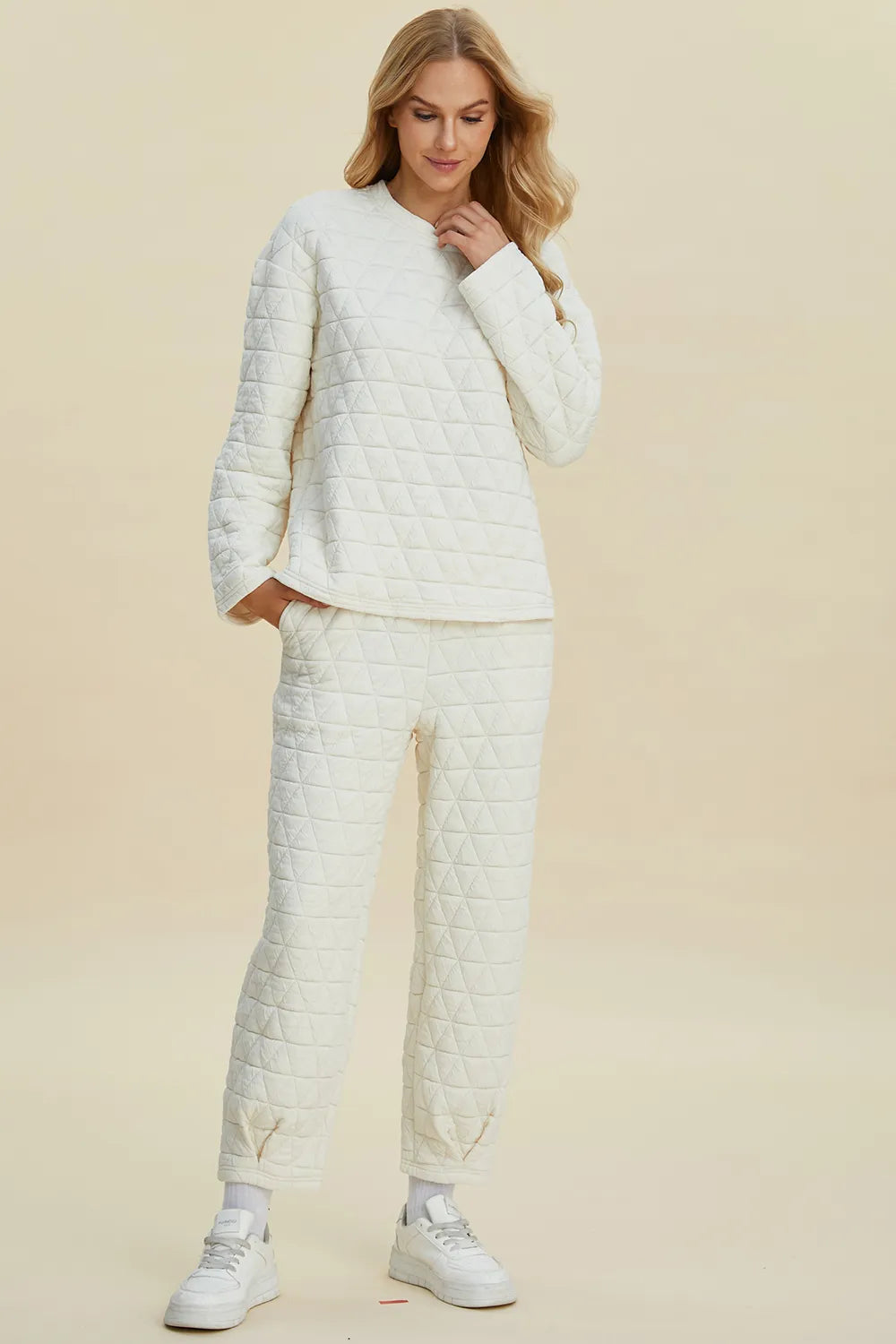 Double Take Full Size Texture Round Neck Long Sleeve Top and Pants Set by Trendsi