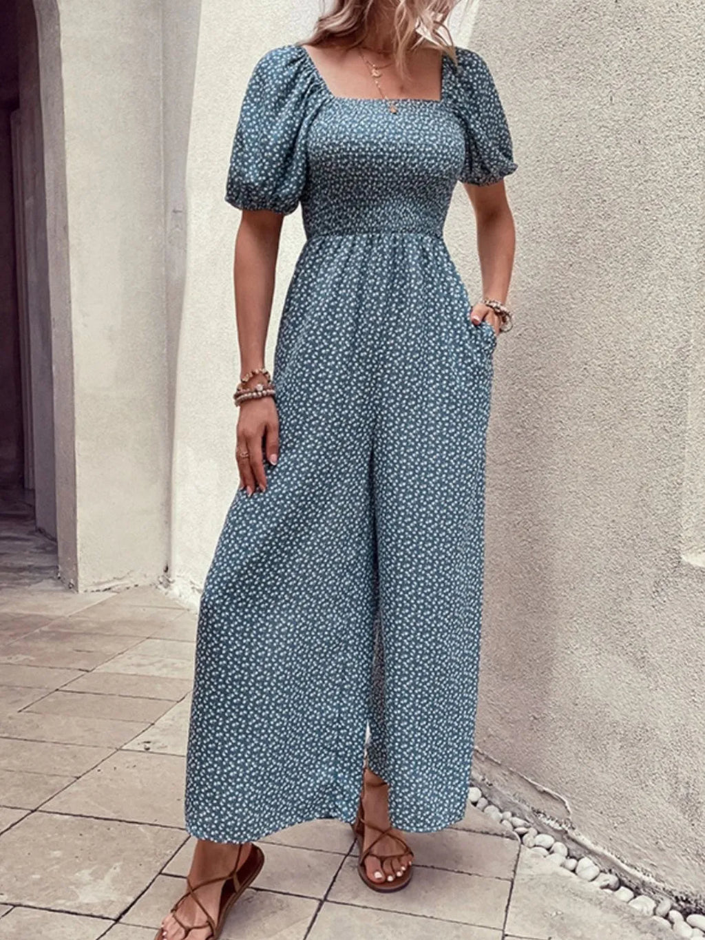 Printed Square Neck Puff Sleeve Jumpsuit by Trendsi