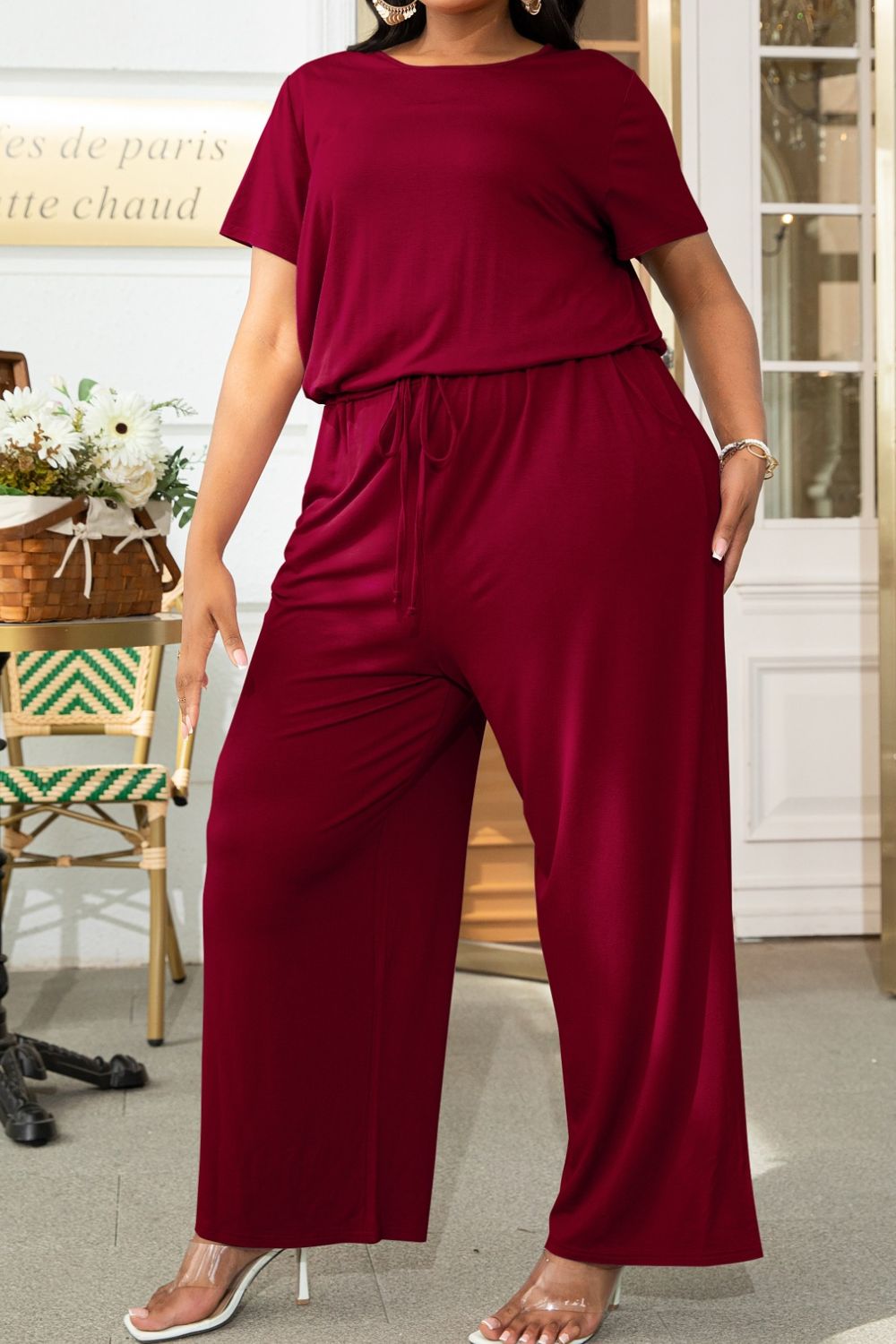 Plus Size Drawstring Waist Short Sleeve Jumpsuit by Trendsi