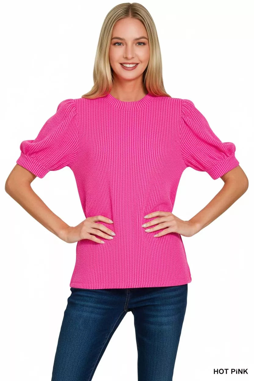 Zenana Raised Rib Puff Sleeve Top by Trendsi