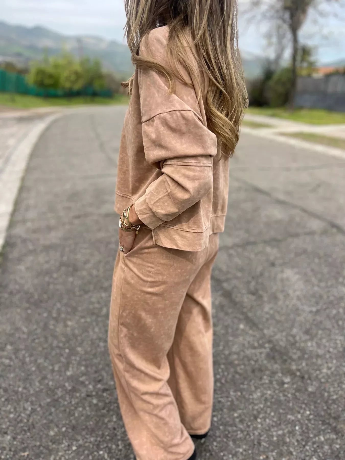 Full Size Washed Round Neck Top and Drawstring Pants Set Plus Size by Trendsi