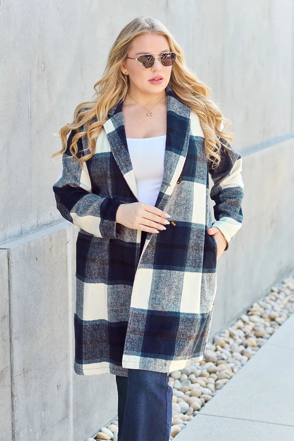 Double Take Full Size Plaid Button Up Lapel Collar Coat by Trendsi