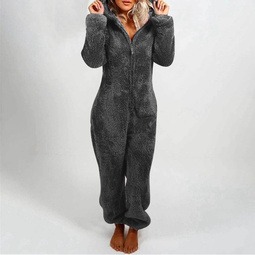 Fleece-lined Thickened Furry Jumpsuit Hooded Pajamas by DC-THE CEO