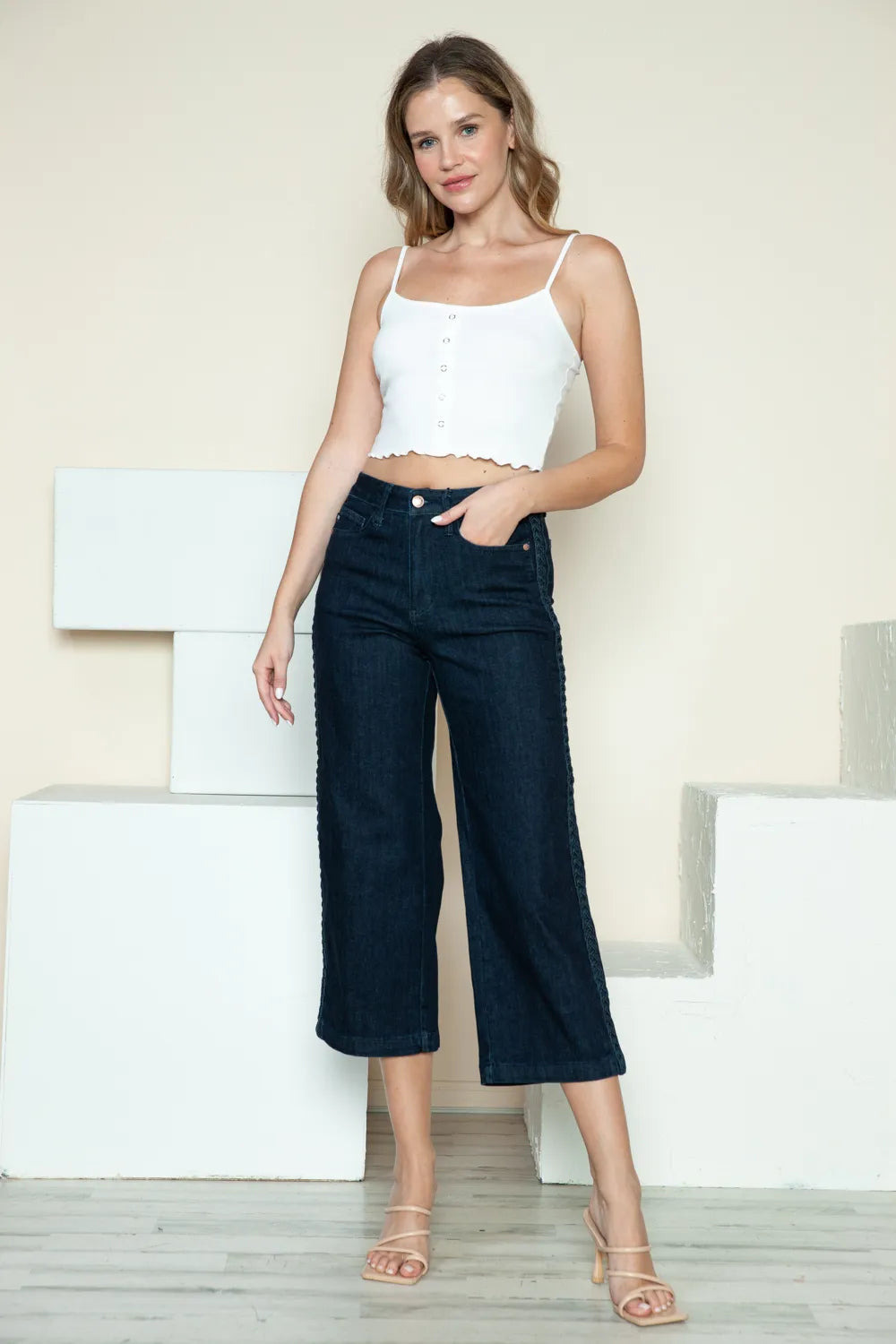 Judy Blue Full Size Side Seam Braid Detail Crop Wide Leg Jeans by Trendsi