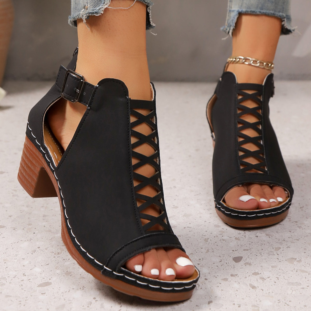 Open Toe Block Heels Sandals by Trendsi