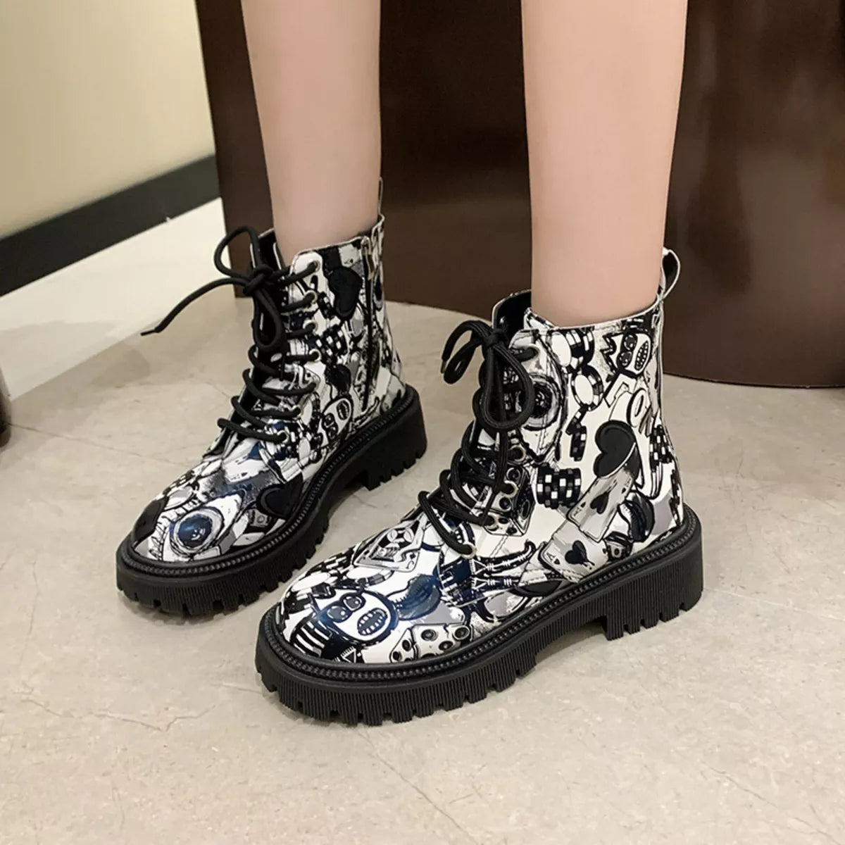 Graffiti Print Combat Boots with Colorful Street Art Design by Trendsi