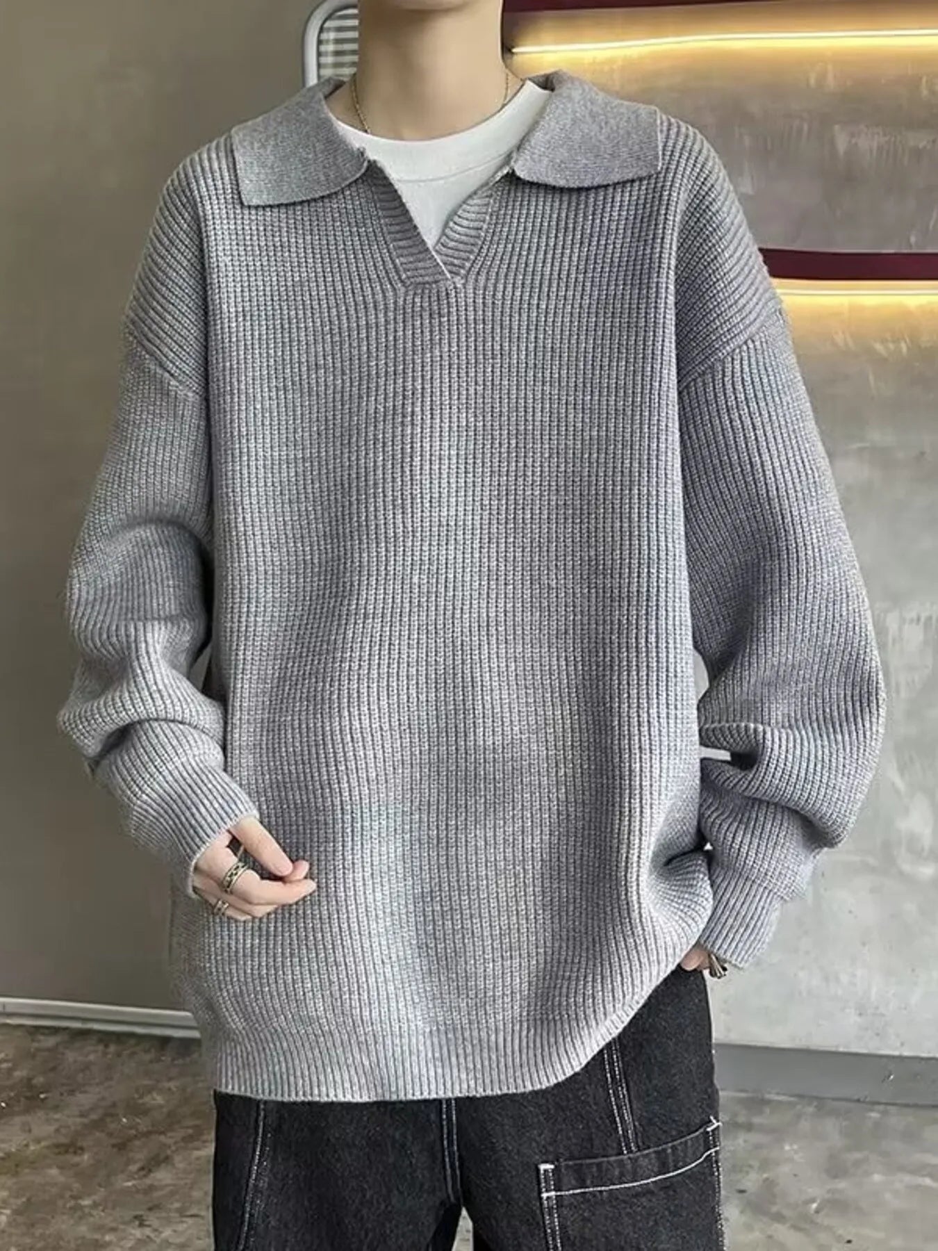 Men's Casual Knitted Polo Collar Pullover by Trendsi
