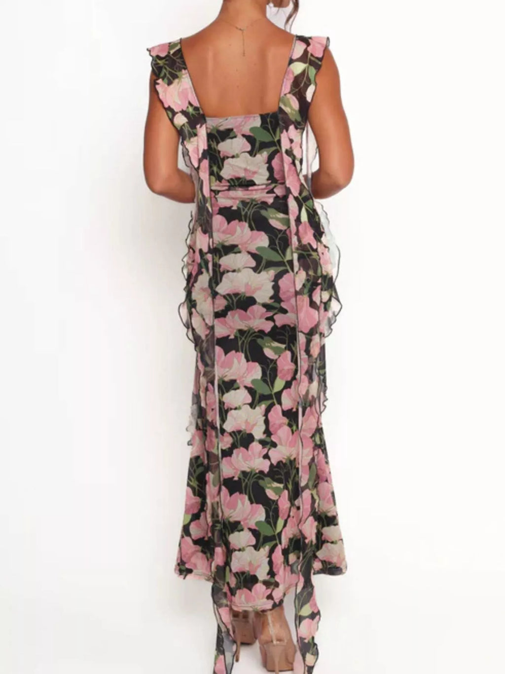 Floral Print Ruffle Trim Bodycon Maxi Dress by Trendsi