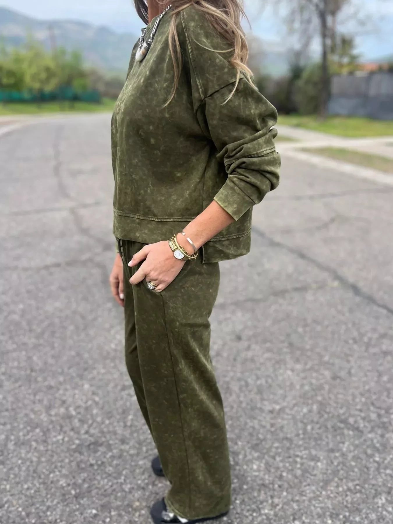 Full Size Washed Round Neck Top and Drawstring Pants Set Plus Size by Trendsi