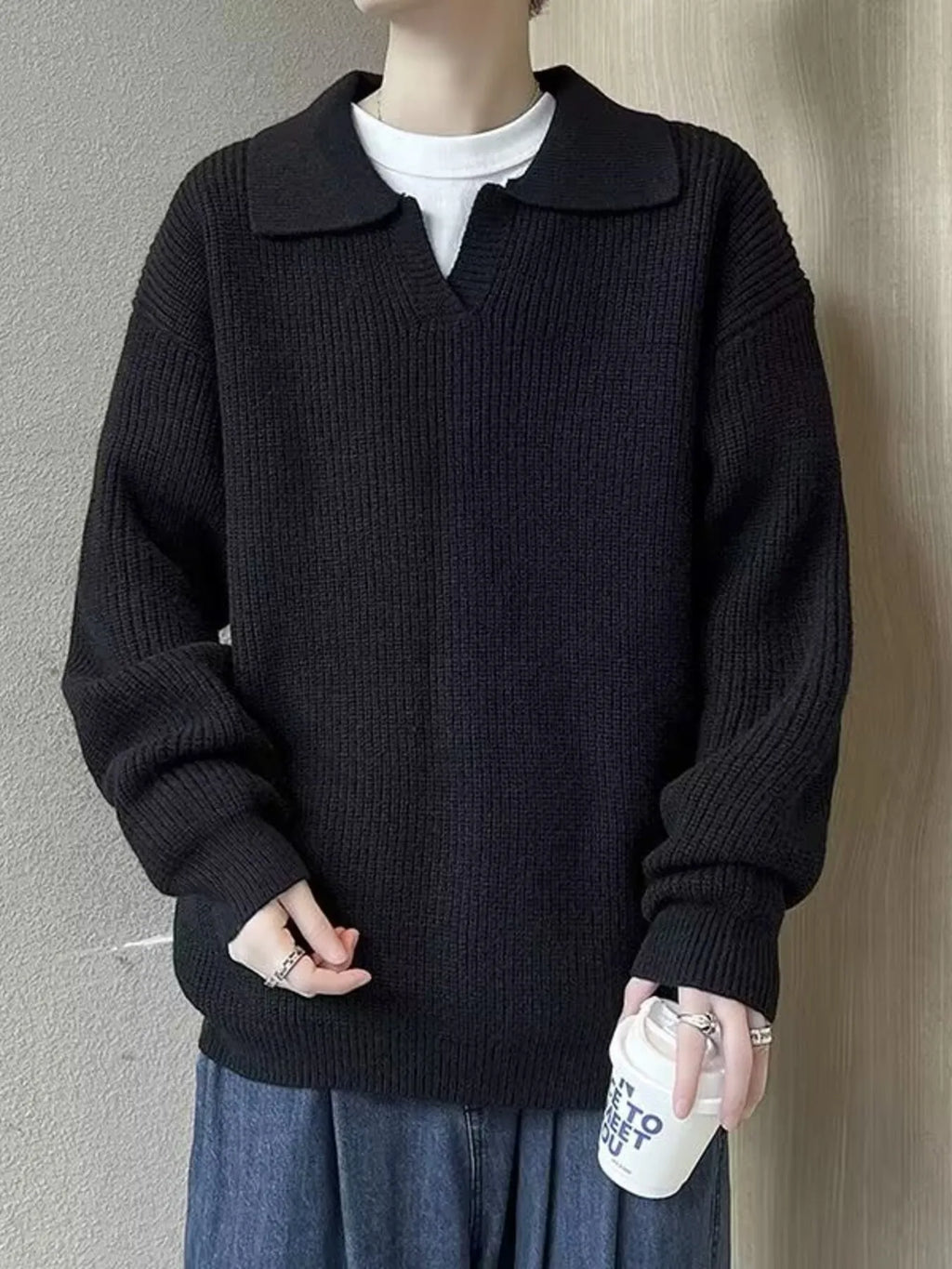 Men's Casual Knitted Polo Collar Pullover by Trendsi