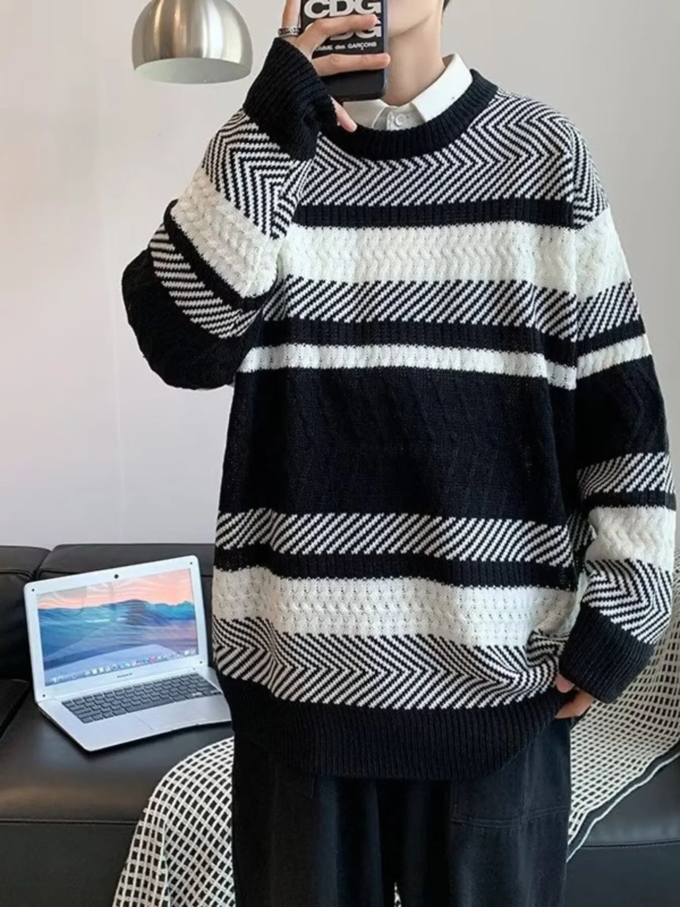 Men's Striped Textured Knit Pullover Sweater by Trendsi