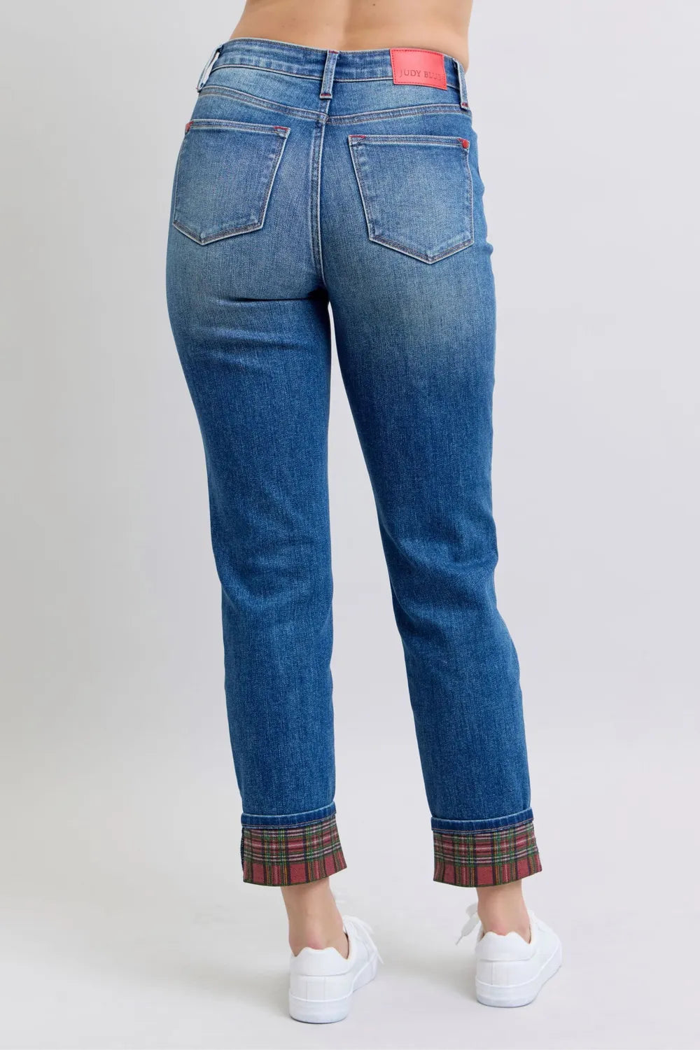 Judy Blue Full Size Plaid Print Cuff Straight Leg Jeans with Pockets by Trendsi