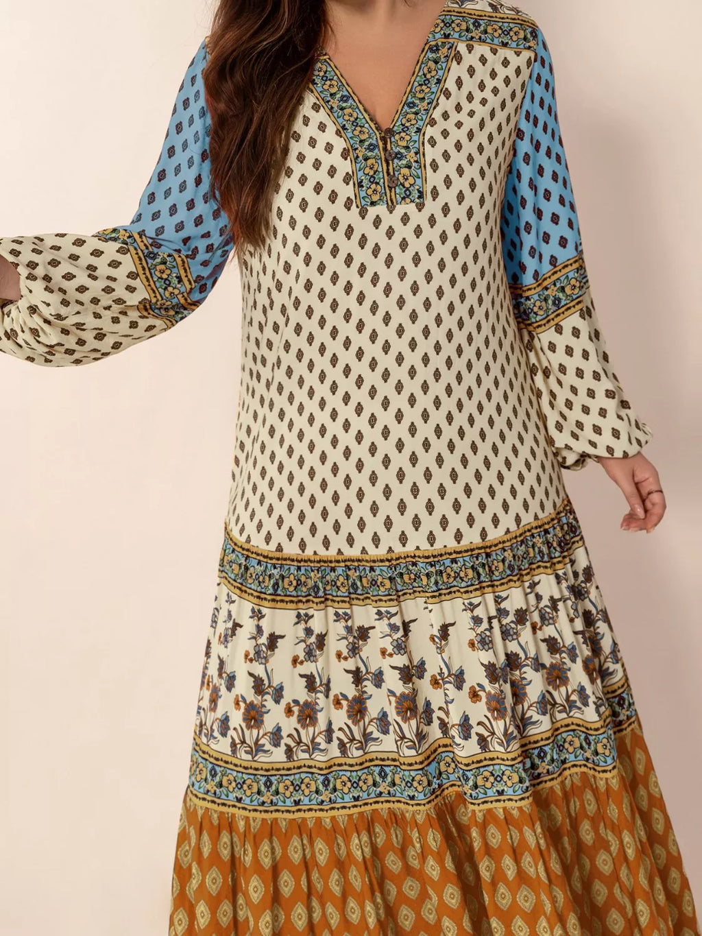 Bohemian Mixed Print Long Sleeve Maxi Dress by Trendsi