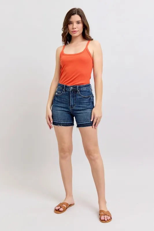 Judy Blue Full Size High Waist Tummy Control Destroy Release Hem Denim Shorts Plus Size by Trendsi