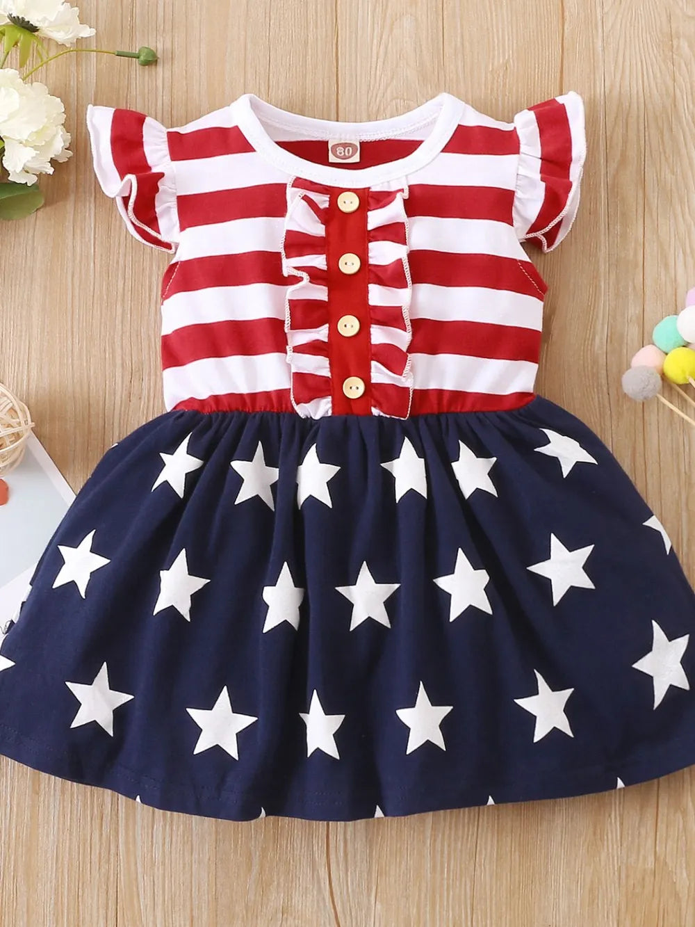 Striped & Stars Ruffled Round Neck Cap Sleeve Dress by Trendsi