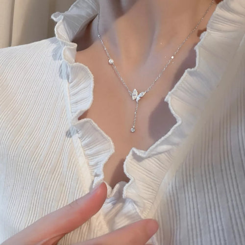 925 Sterling Silver Zircon Butterfly Necklace by Trendsi
