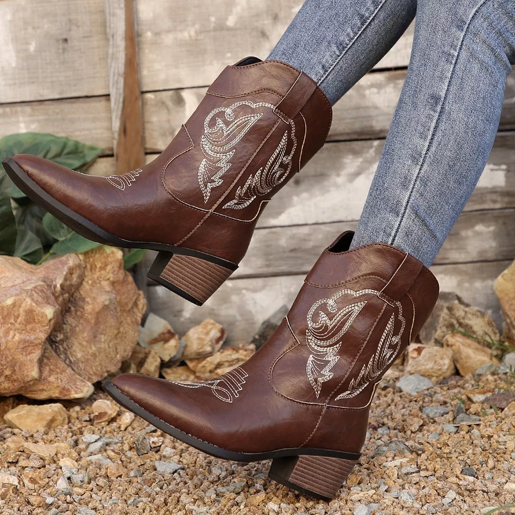Western Cowboy Boots with Embroidered Design by Trendsi