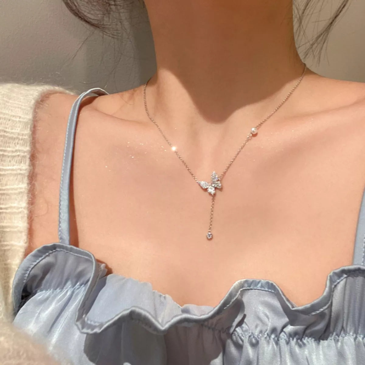 925 Sterling Silver Zircon Butterfly Necklace by Trendsi