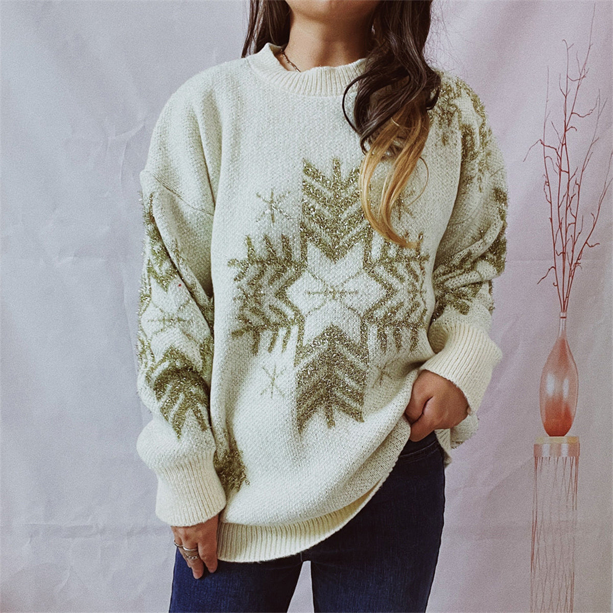Snowflake Pattern Long Sleeve Sweater by Trendsi