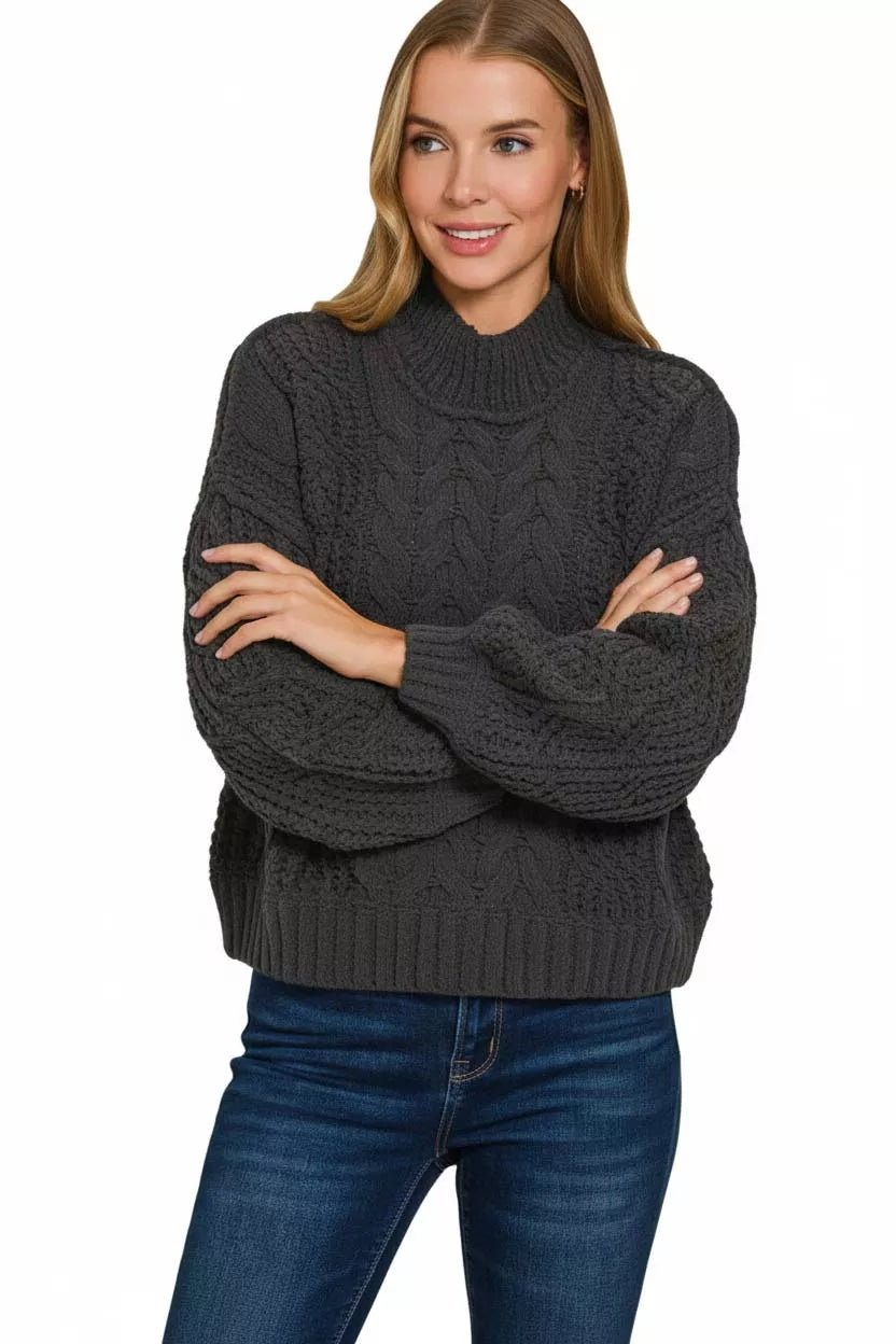 Zenana Cable-Knit Ribbed Turtleneck Sweater by Trendsi