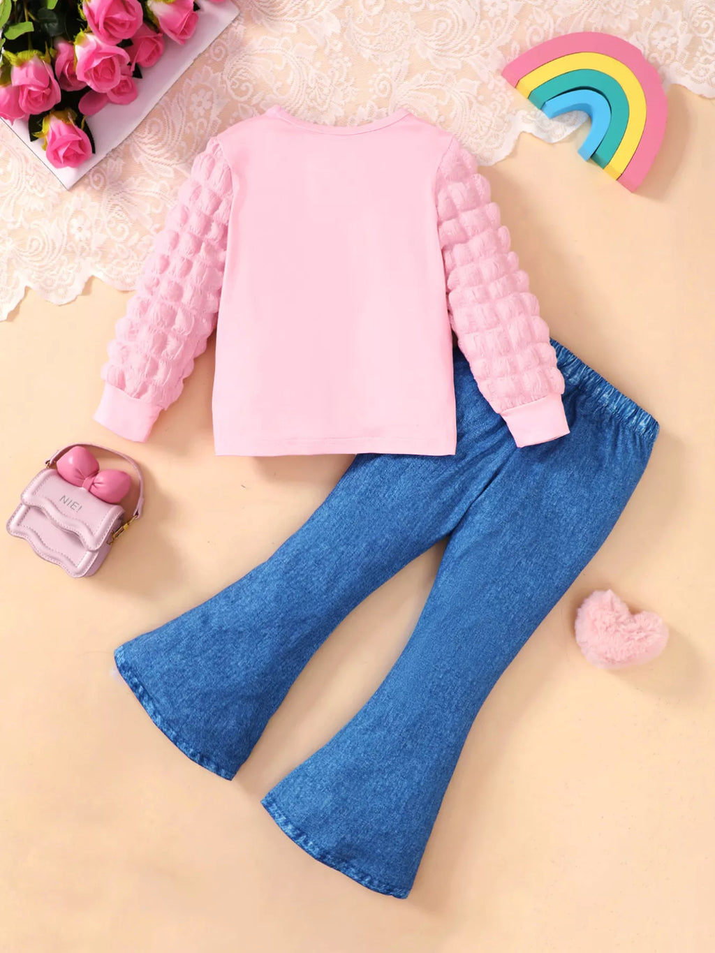 Children's Graphic Long Sleeve Top & Flare Jeans Set by Trendsi