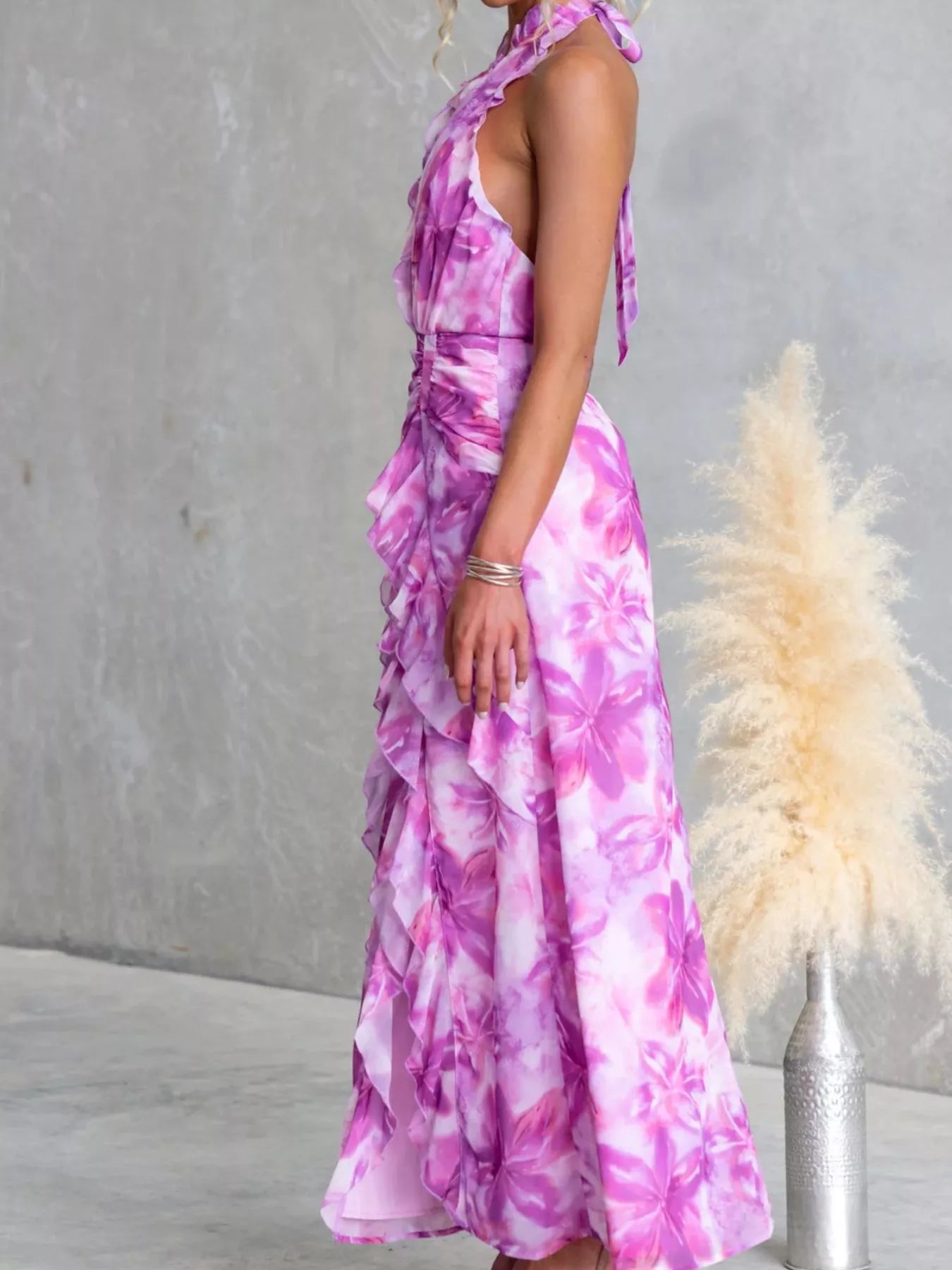 Floral Print Ruffle Halter Neck Maxi Dress by Trendsi