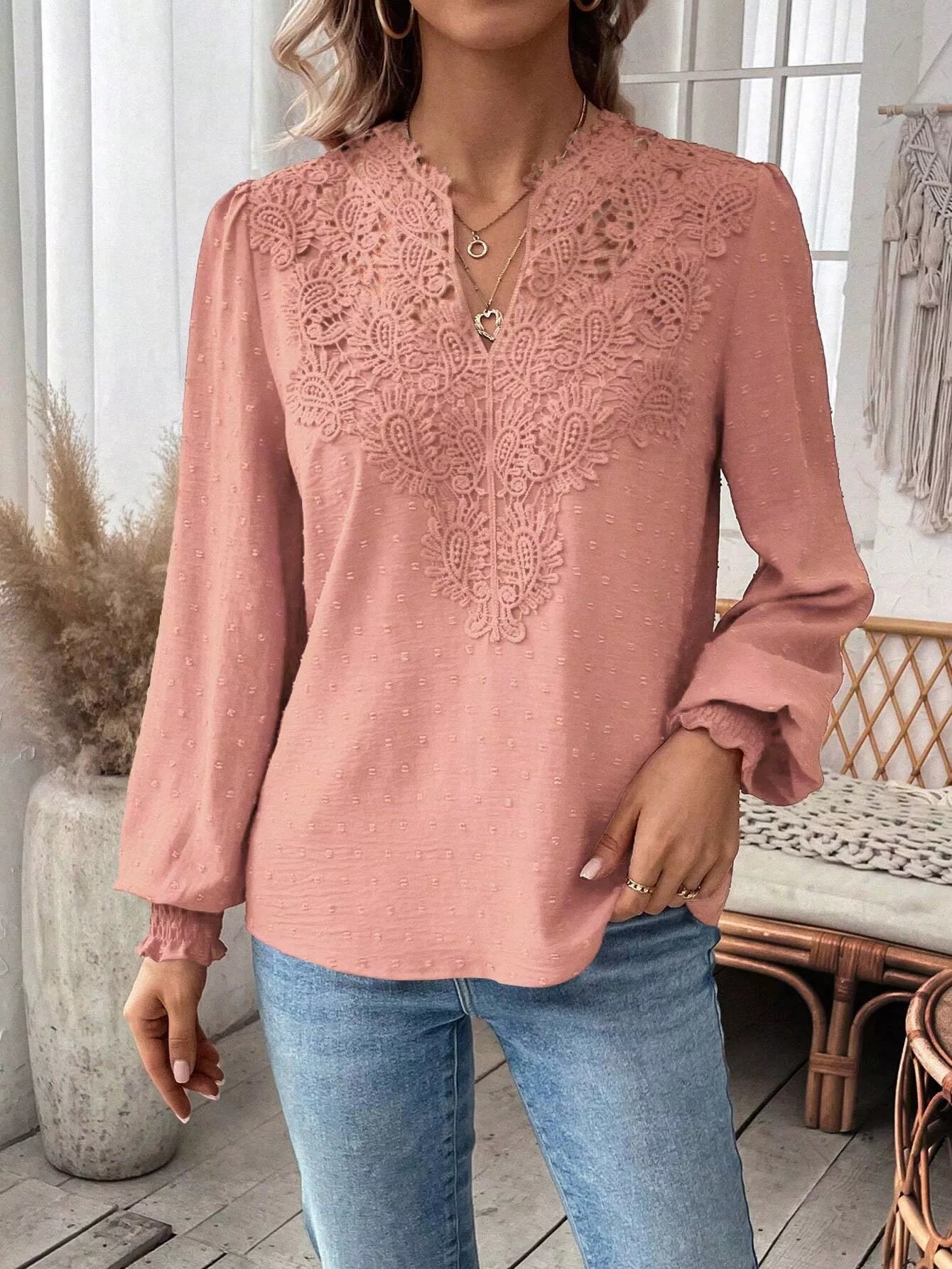 Swiss Dot Lace Detail Long Sleeve Blouse by Trendsi
