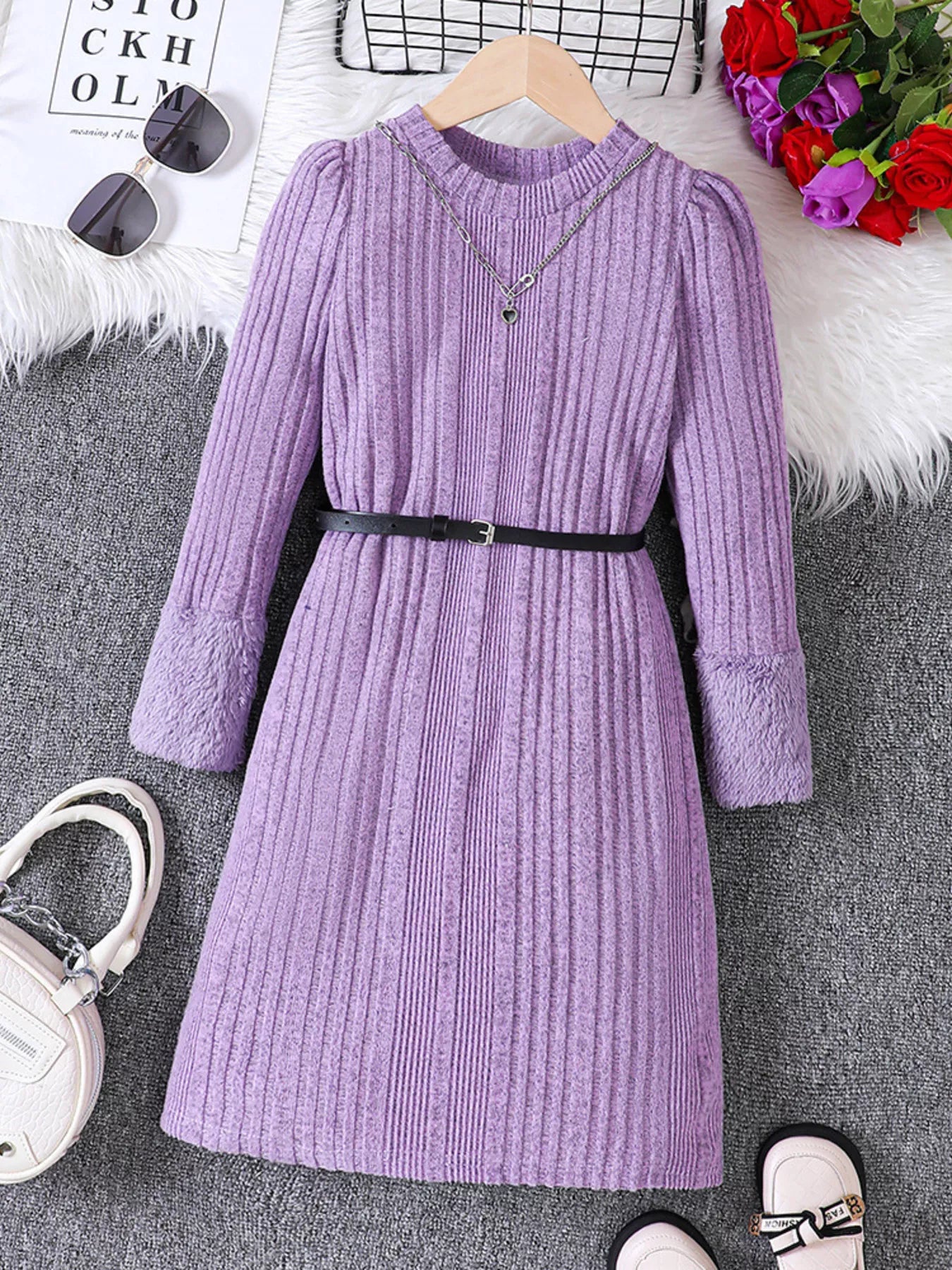 Children's Ribbed Knit Long Sleeve Dress by Trendsi