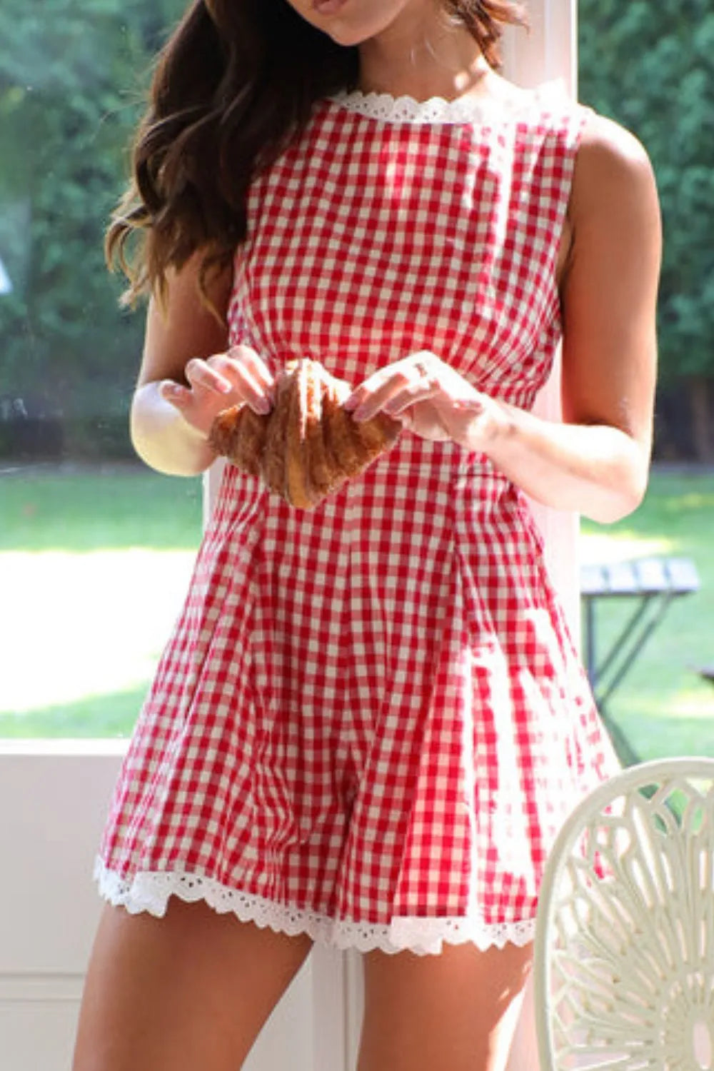 Lace Detail Plaid Sleeveless Romper by Trendsi