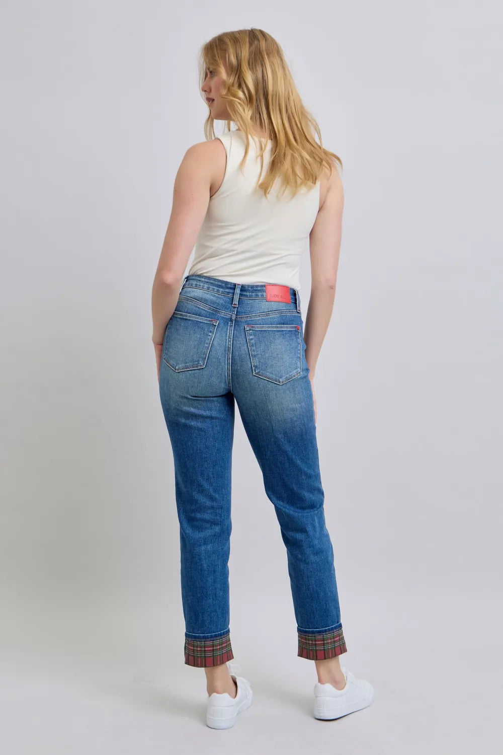 Judy Blue Full Size Plaid Print Cuff Straight Leg Jeans with Pockets by Trendsi