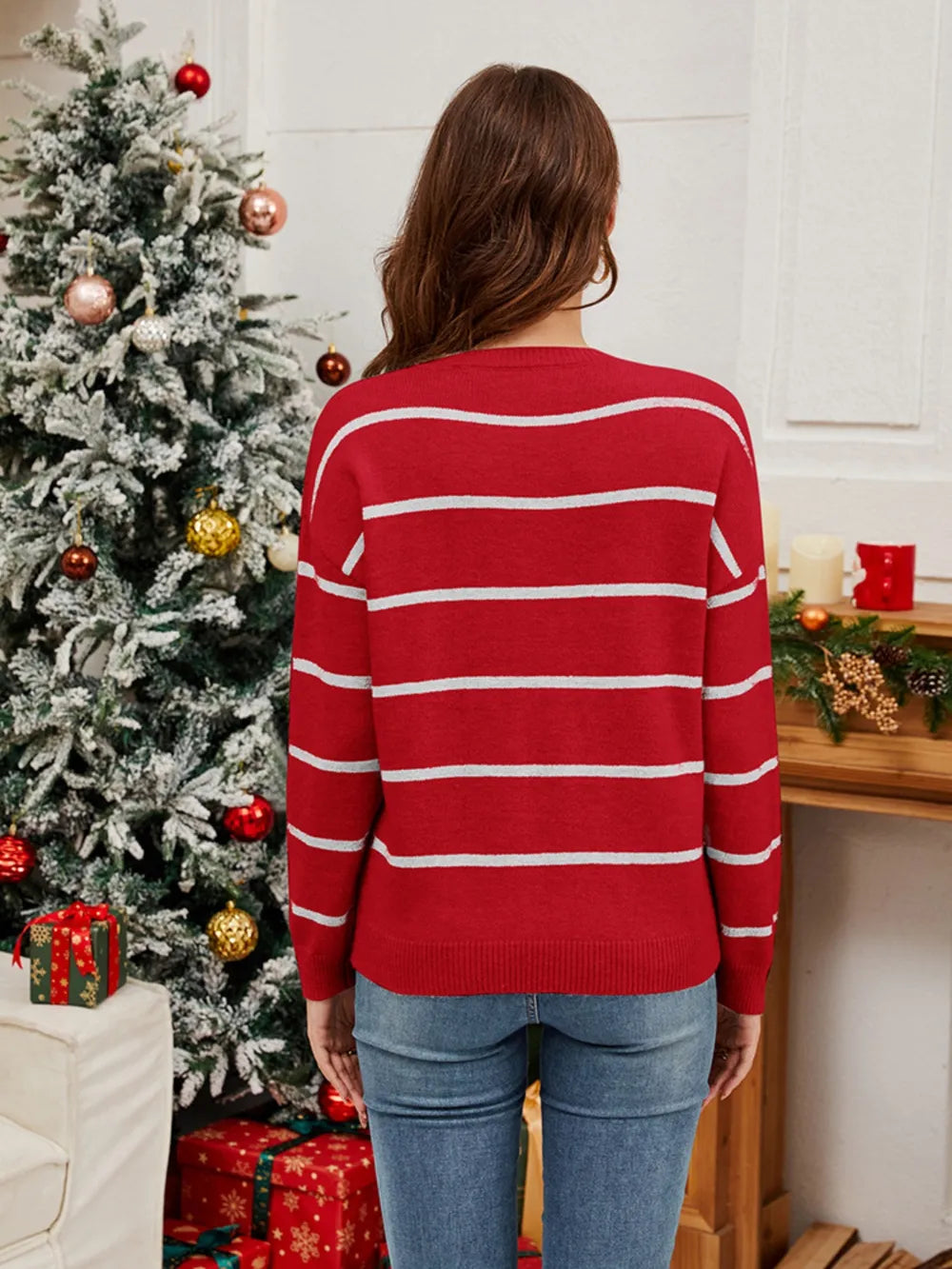 Sequin Santa Striped Round Neck Long Sleeve Sweater by Trendsi